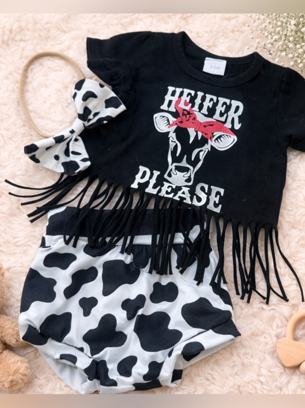 3-6M Baby Girl Cow 3 Piece Outfit, 95% Cotton, Heifer Please Outfit